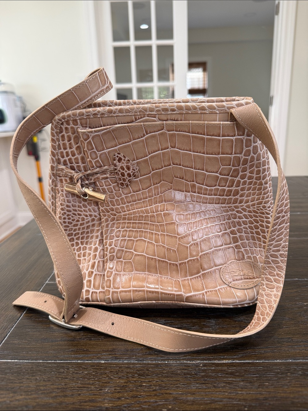 Longchamp Classic Crocodile Leather - Embossed Saddle Shoulder Bag in Beige